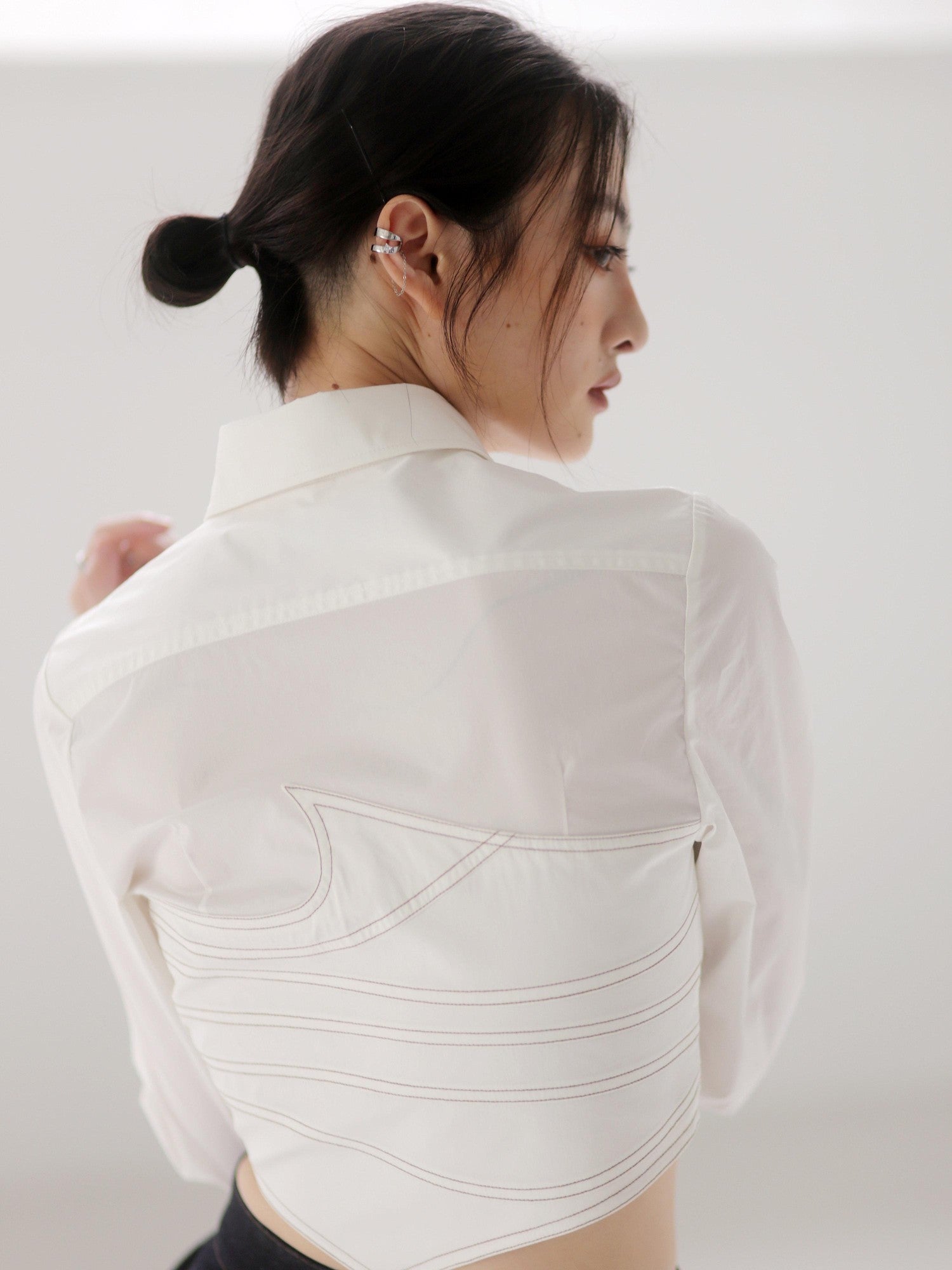 Jnylon studios Asymmetric Splice Faux Two Piece Wrap Bust Women's Brocade Cotton Shirts