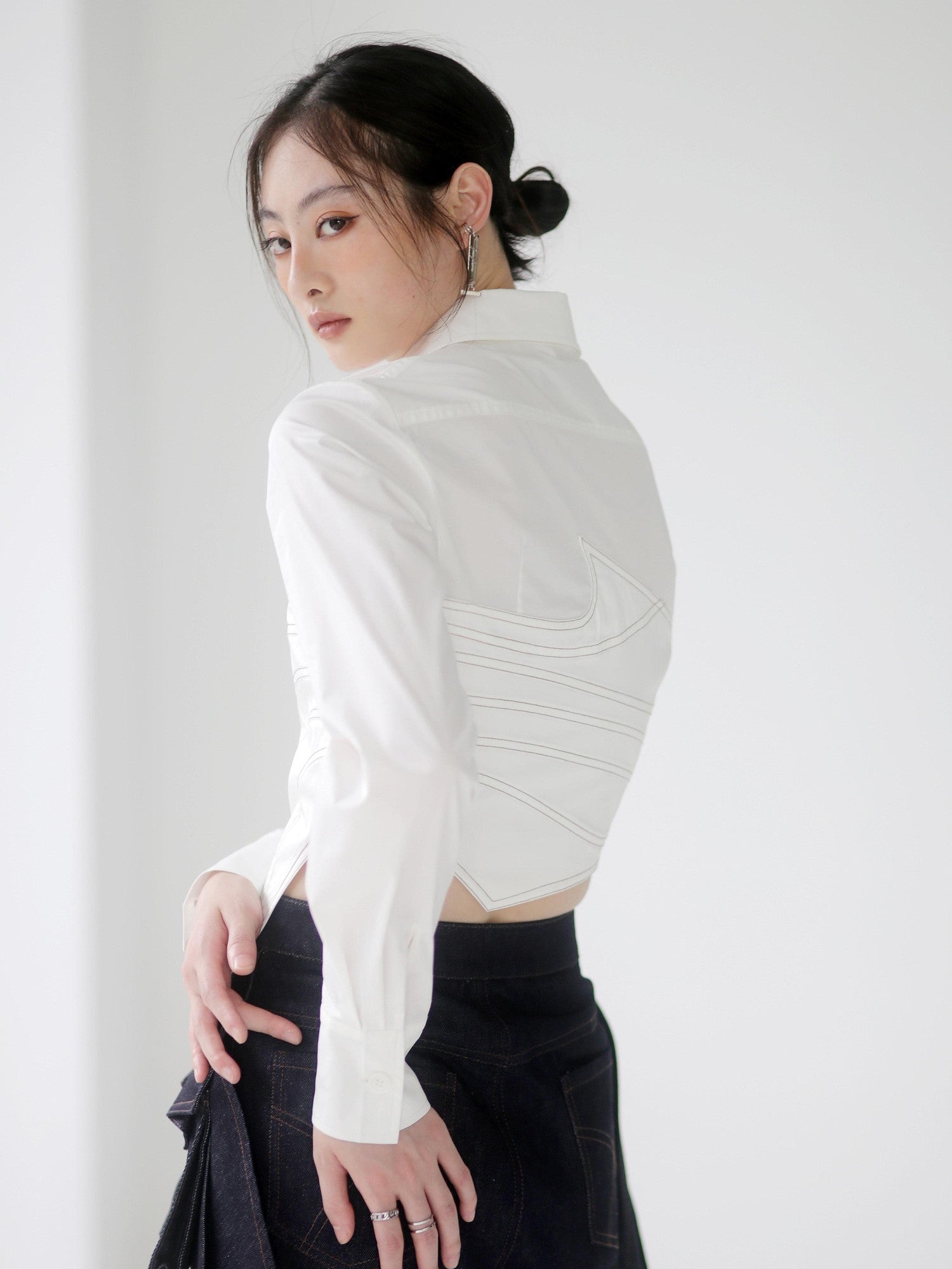 Jnylon studios Asymmetric Splice Faux Two Piece Wrap Bust Women's Brocade Cotton Shirts