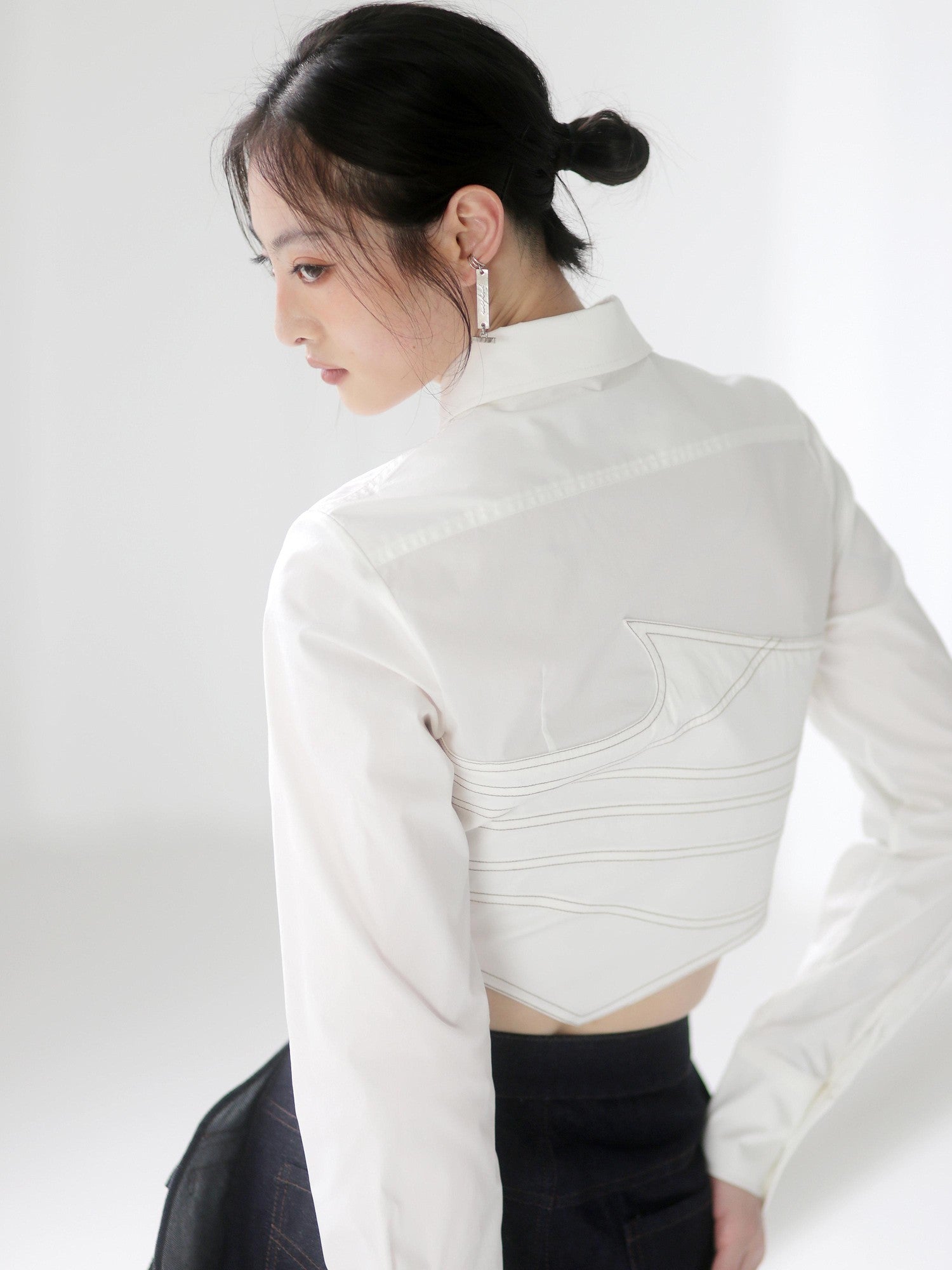 Jnylon studios Asymmetric Splice Faux Two Piece Wrap Bust Women's Brocade Cotton Shirts