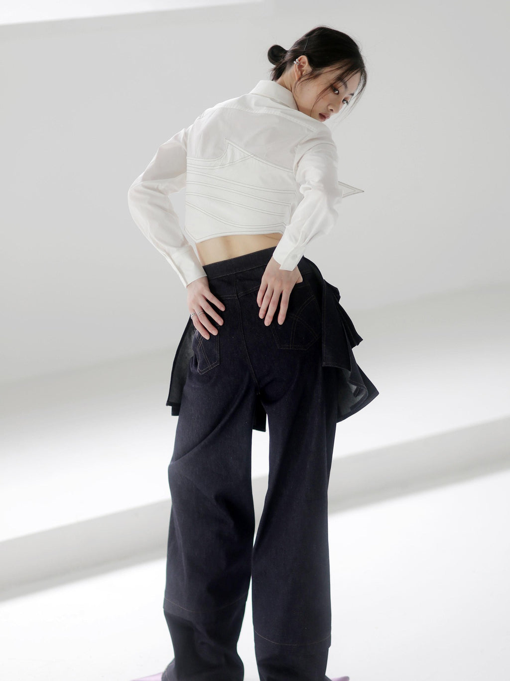 Jnylon studios Asymmetric Splice Faux Two Piece Wrap Bust Women's Brocade Cotton Shirts