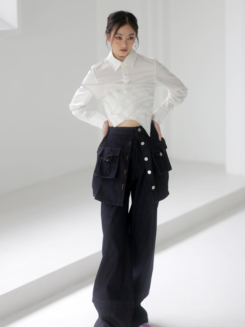 Jnylon studios Asymmetric Splice Faux Two Piece Wrap Bust Women's Brocade Cotton Shirts