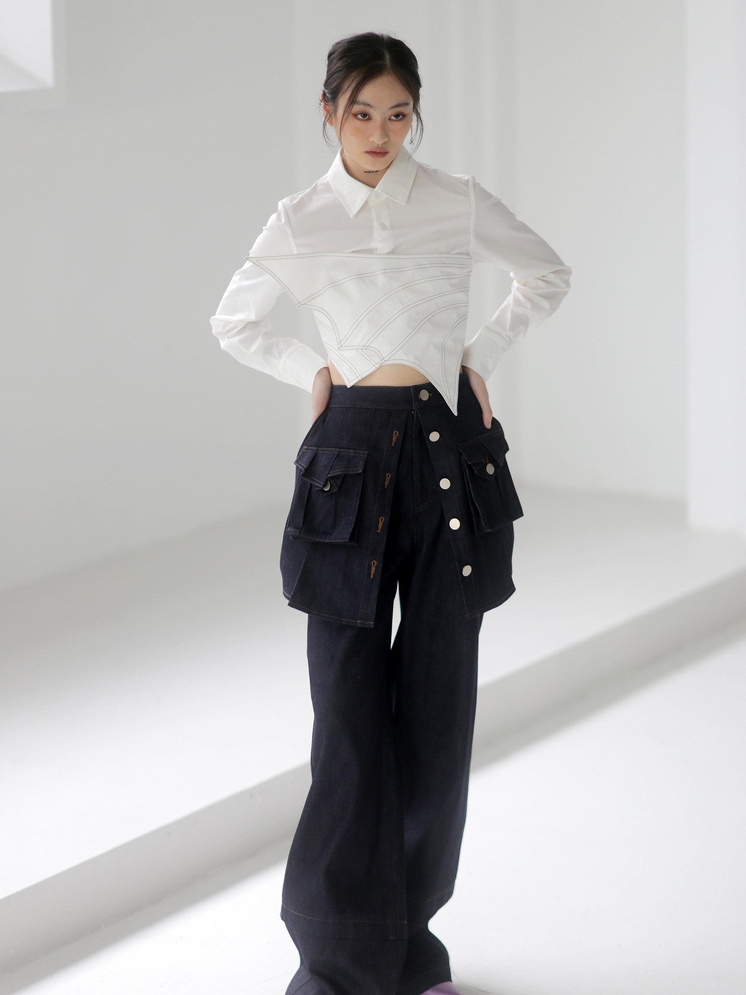 Jnylon studios Asymmetric Splice Faux Two Piece Wrap Bust Women's Brocade Cotton Shirts