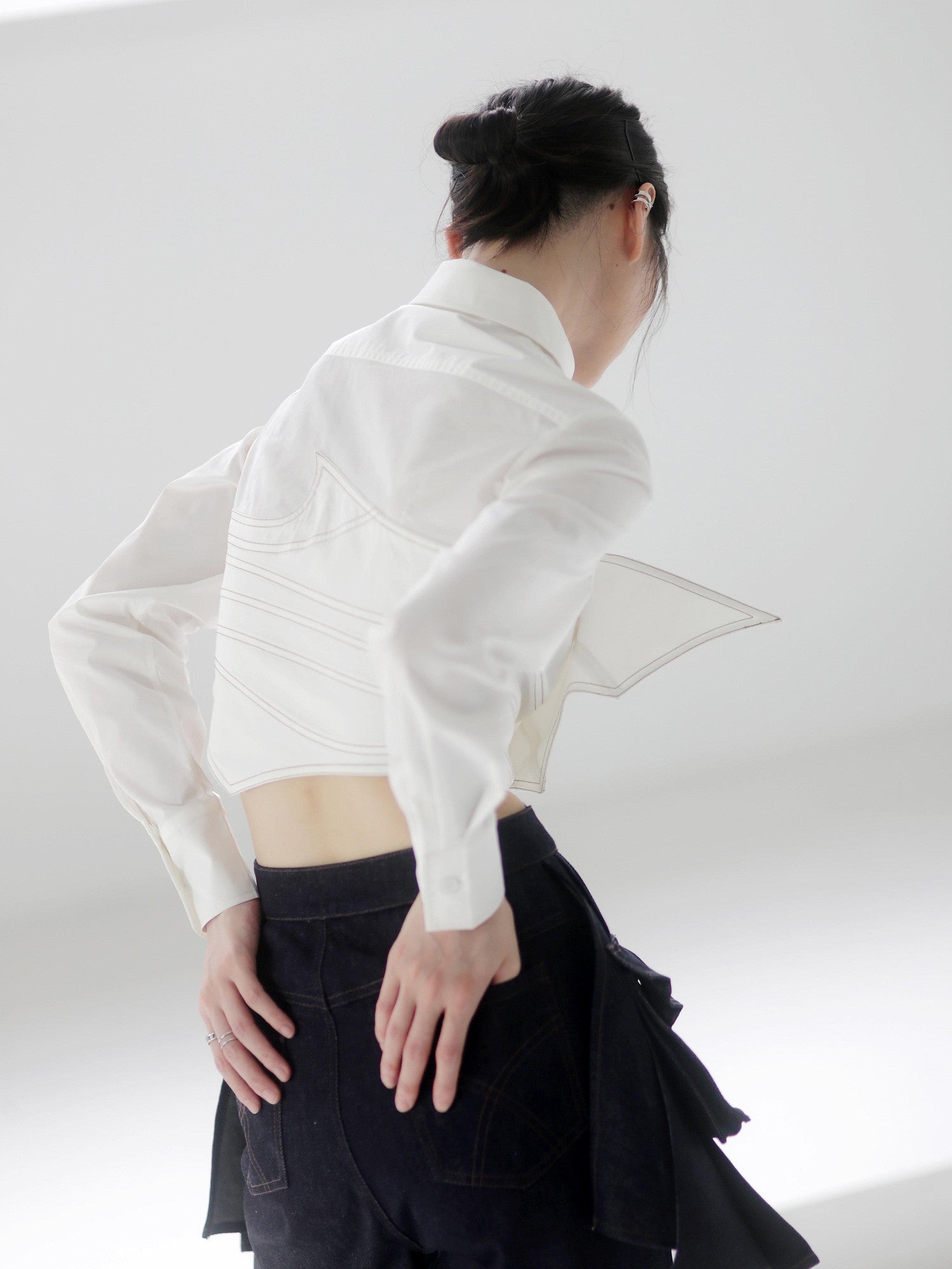 Jnylon studios Asymmetric Splice Faux Two Piece Wrap Bust Women's Brocade Cotton Shirts