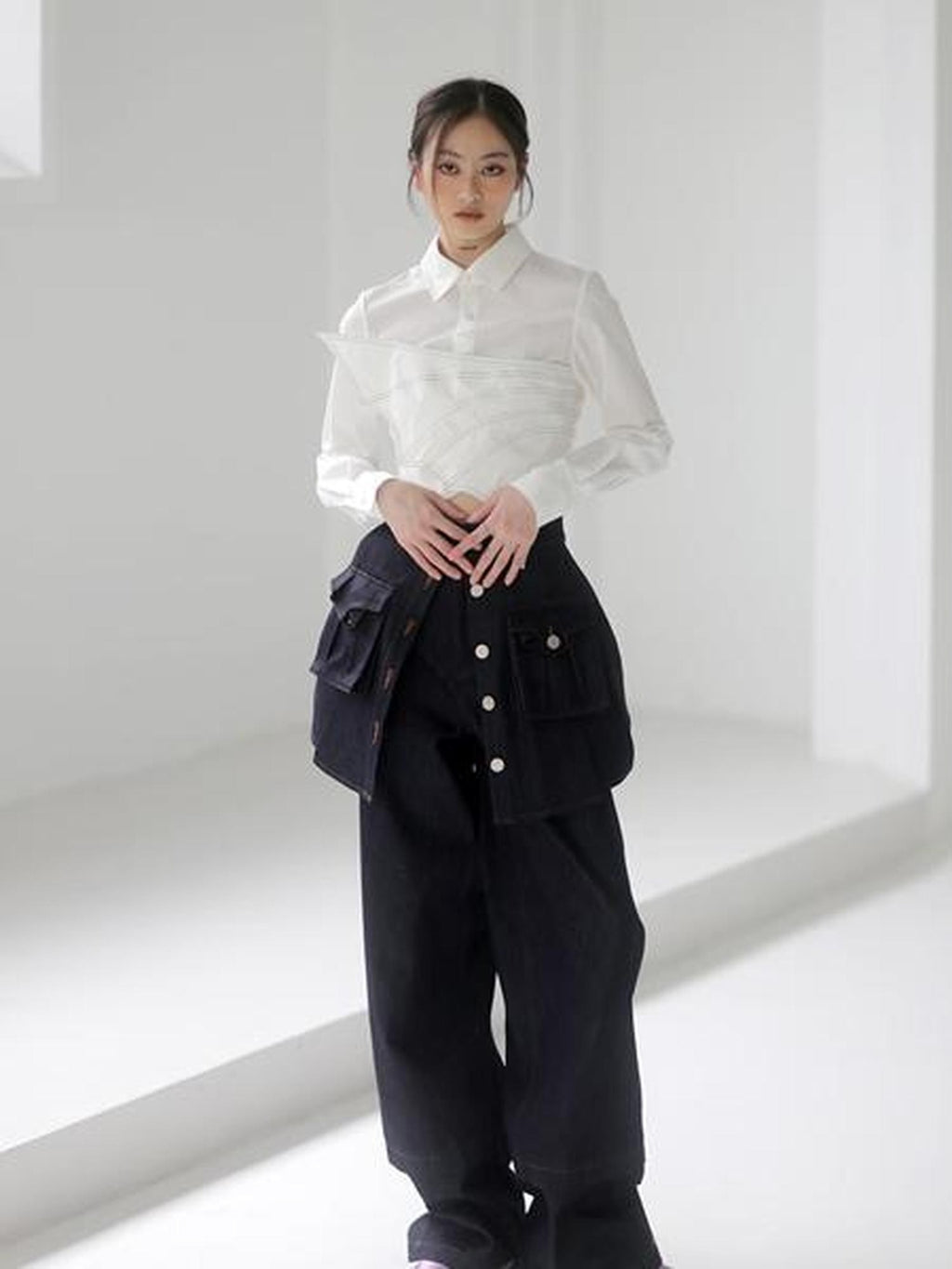 Jnylon studios Asymmetric Splice Faux Two Piece Wrap Bust Women's Brocade Cotton Shirts