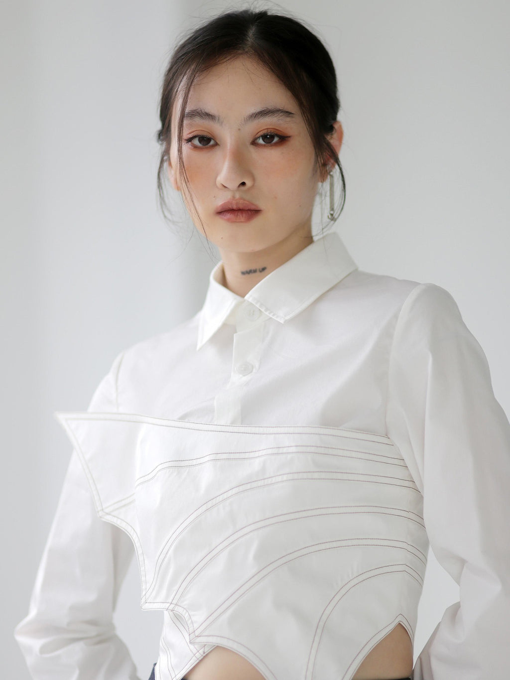 Jnylon studios Asymmetric Splice Faux Two Piece Wrap Bust Women's Brocade Cotton Shirts
