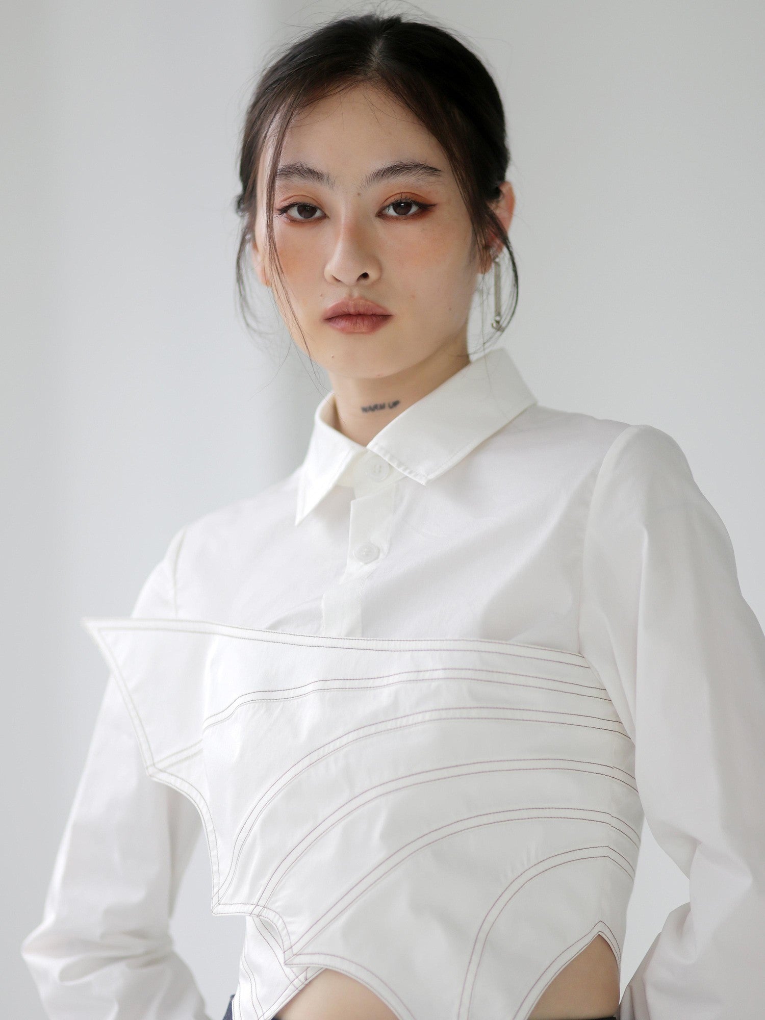 Jnylon studios Asymmetric Splice Faux Two Piece Wrap Bust Women's Brocade Cotton Shirts