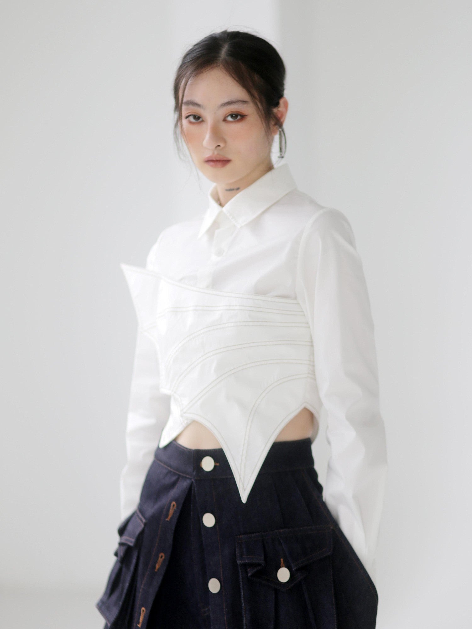 Jnylon studios Asymmetric Splice Faux Two Piece Wrap Bust Women's Brocade Cotton Shirts