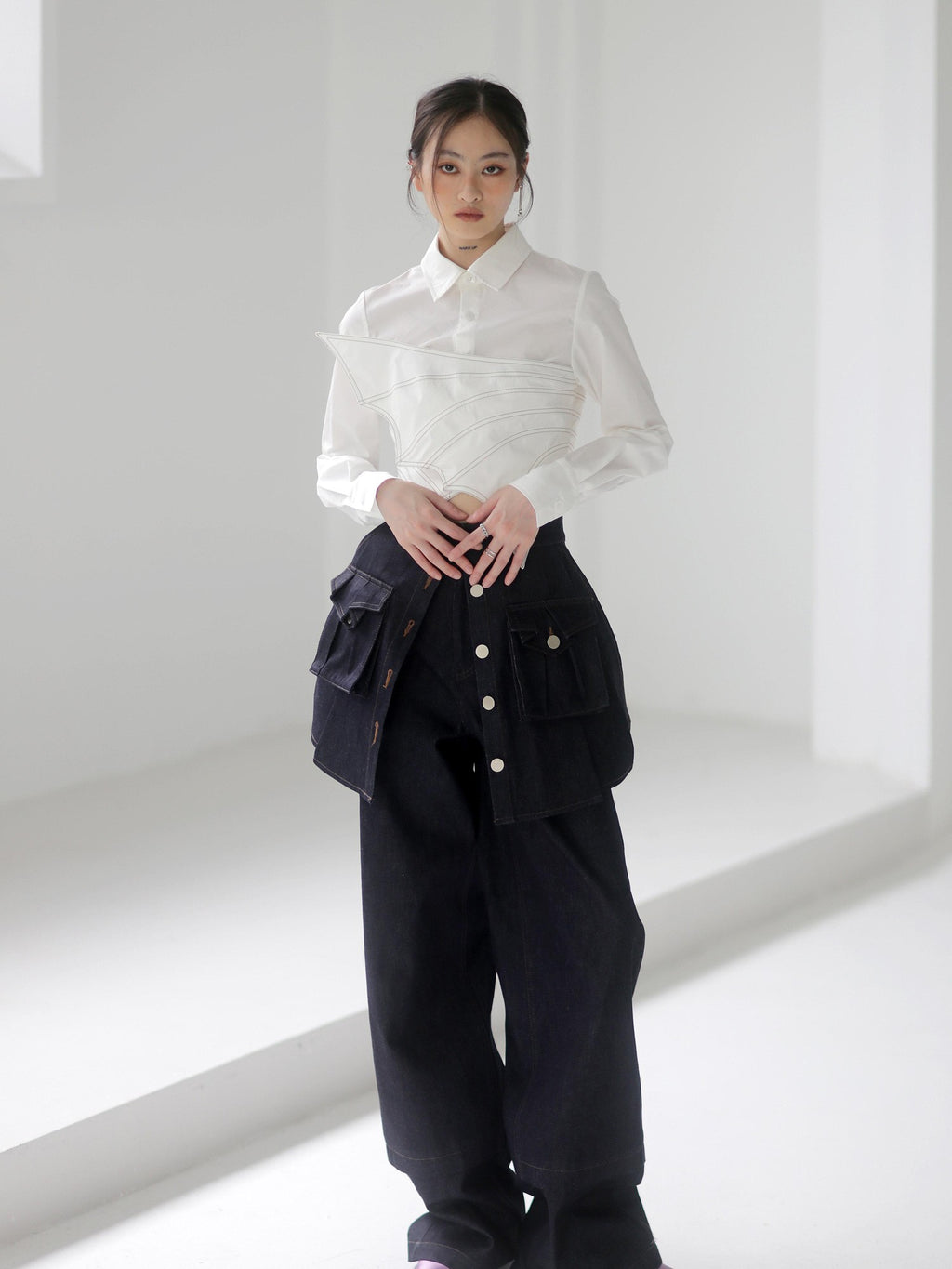 Jnylon studios Asymmetric Splice Faux Two Piece Wrap Bust Women's Brocade Cotton Shirts