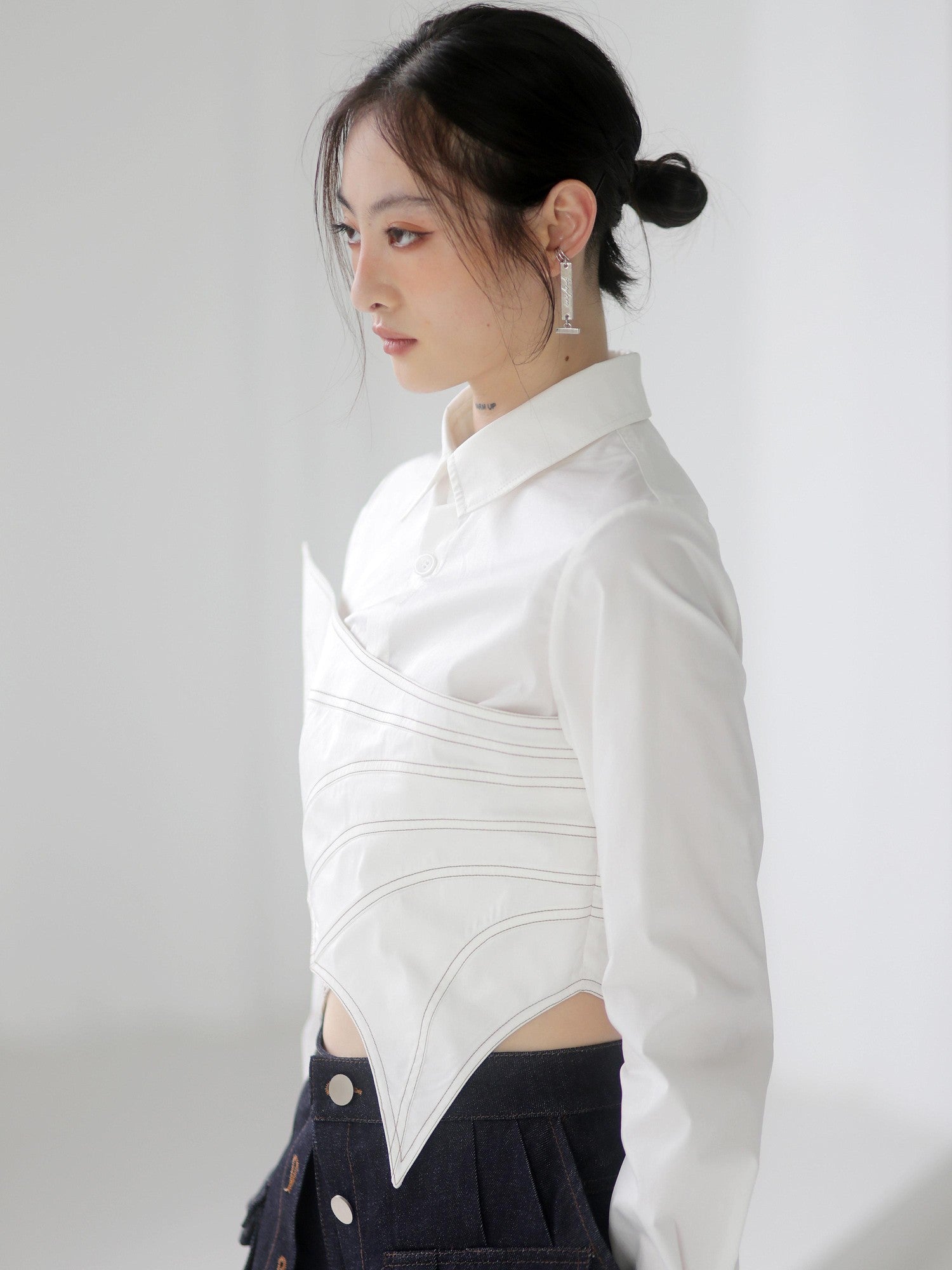 Jnylon studios Asymmetric Splice Faux Two Piece Wrap Bust Women's Brocade Cotton Shirts