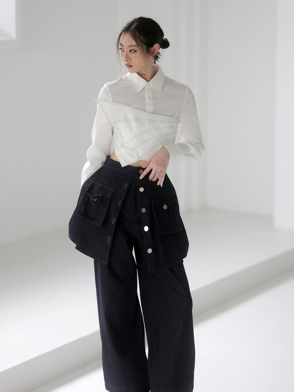 Jnylon studios Asymmetric Splice Faux Two Piece Wrap Bust Women's Brocade Cotton Shirts