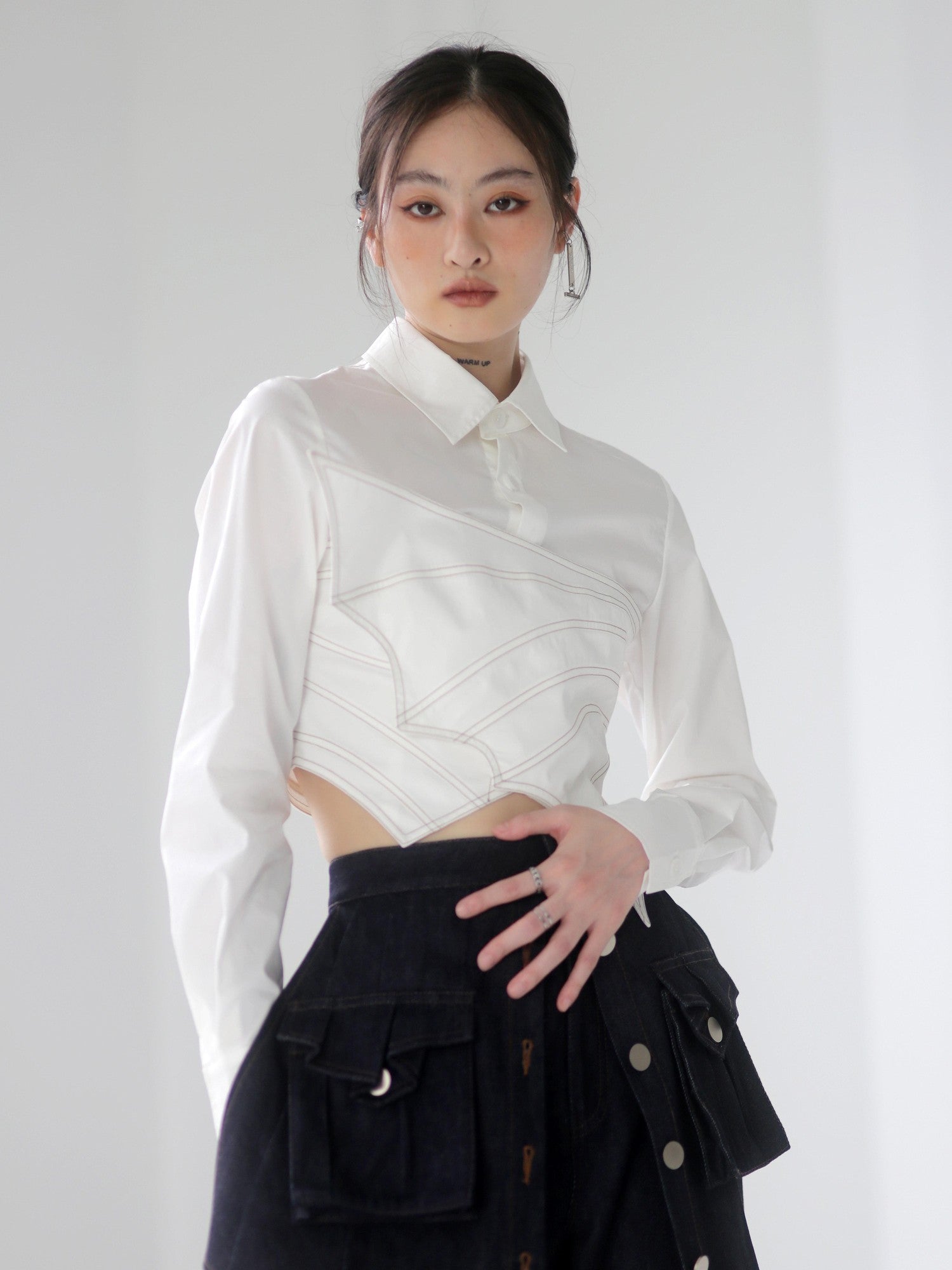 Jnylon studios Asymmetric Splice Faux Two Piece Wrap Bust Women's Brocade Cotton Shirts