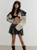 Jnylon studios Beige Contrast Patchwork Frayed Edge Lapel Women's Cropped Jackets