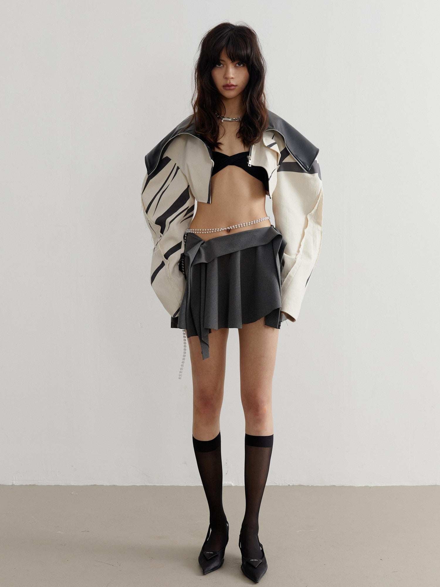 Jnylon studios Beige Contrast Patchwork Frayed Edge Lapel Women's Cropped Jackets