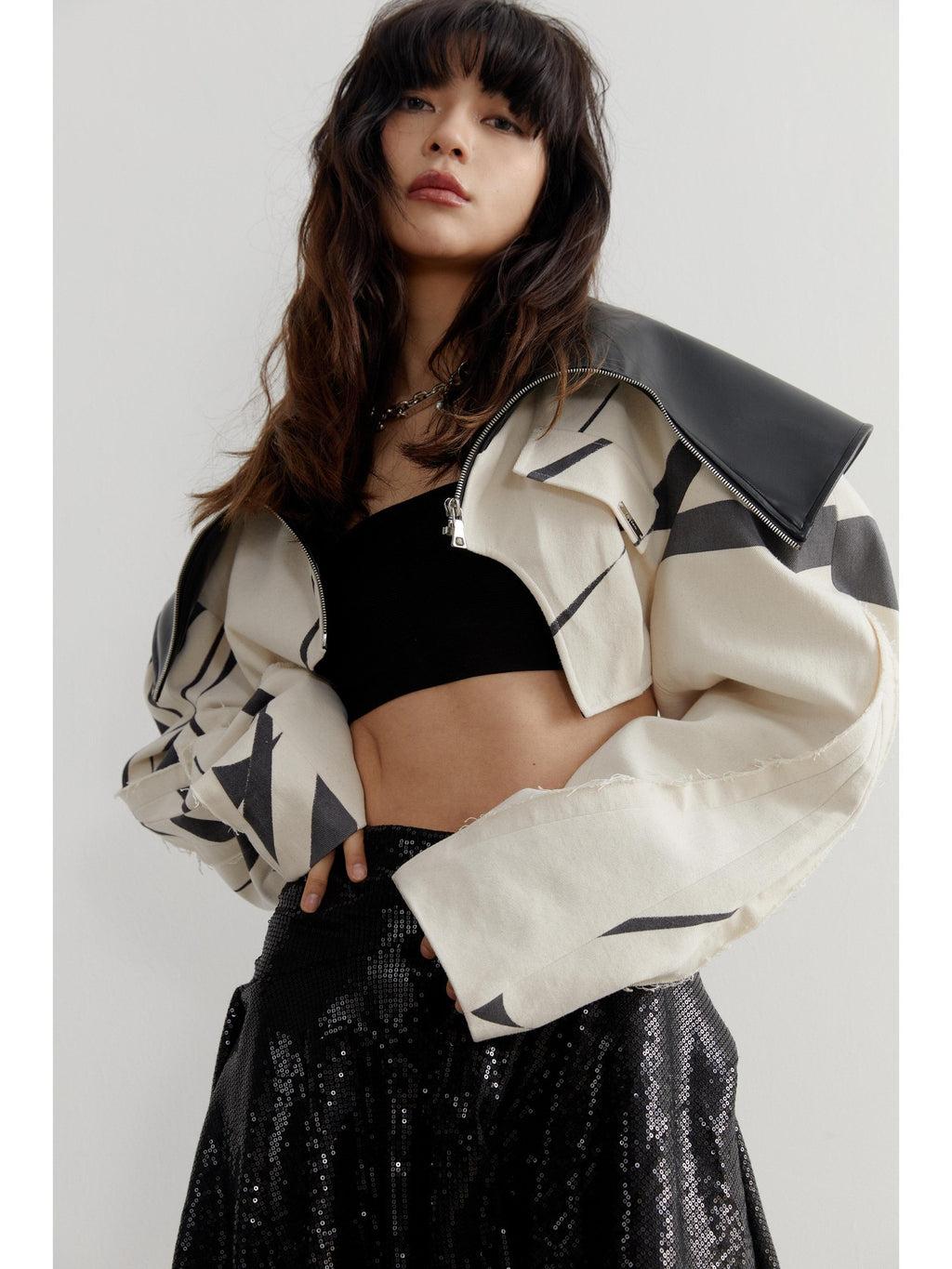 Jnylon studios Beige Contrast Patchwork Frayed Edge Lapel Women's Cropped Jackets