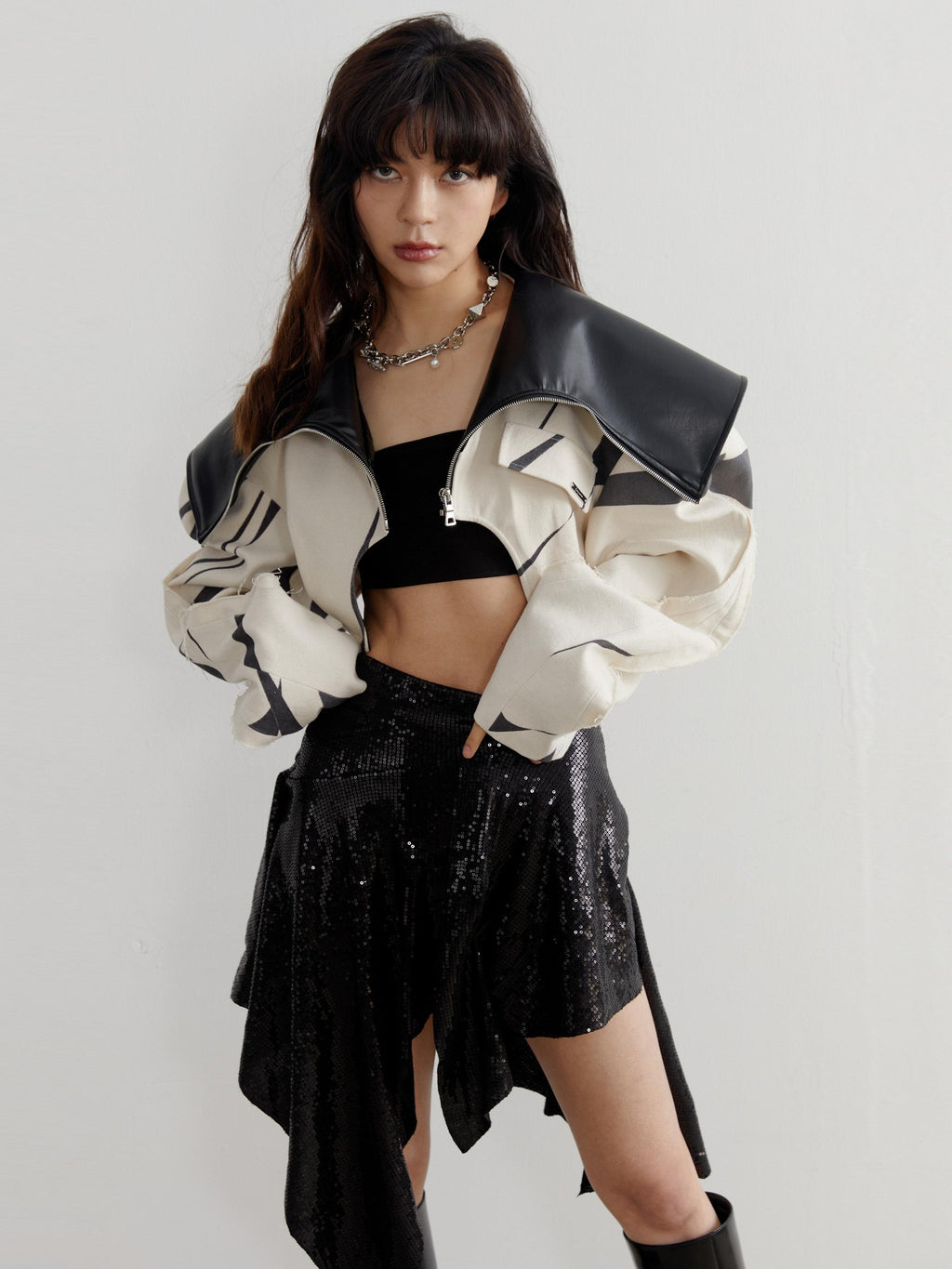 Jnylon studios Beige Contrast Patchwork Frayed Edge Lapel Women's Cropped Jackets