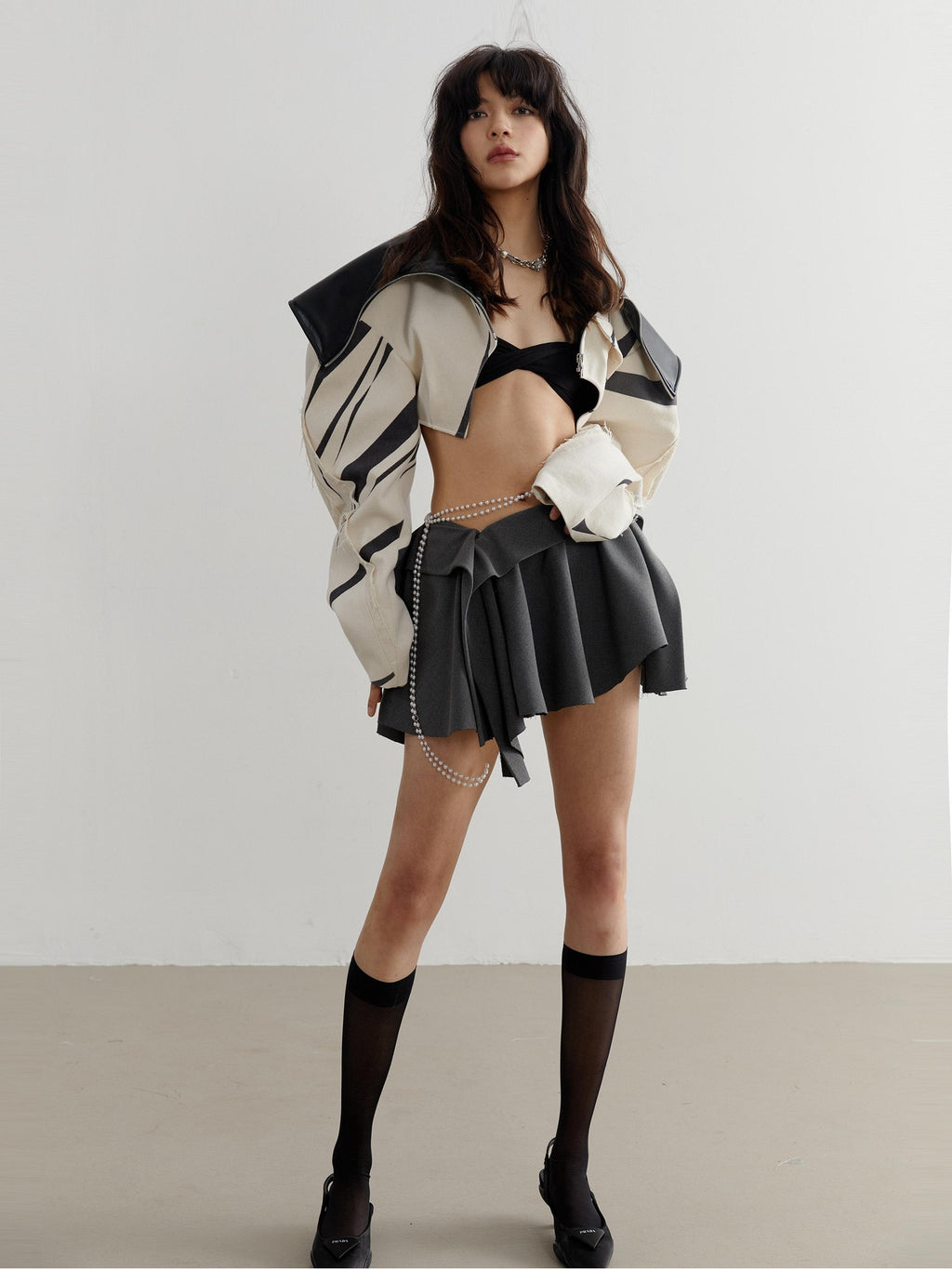 Jnylon studios Beige Contrast Patchwork Frayed Edge Lapel Women's Cropped Jackets