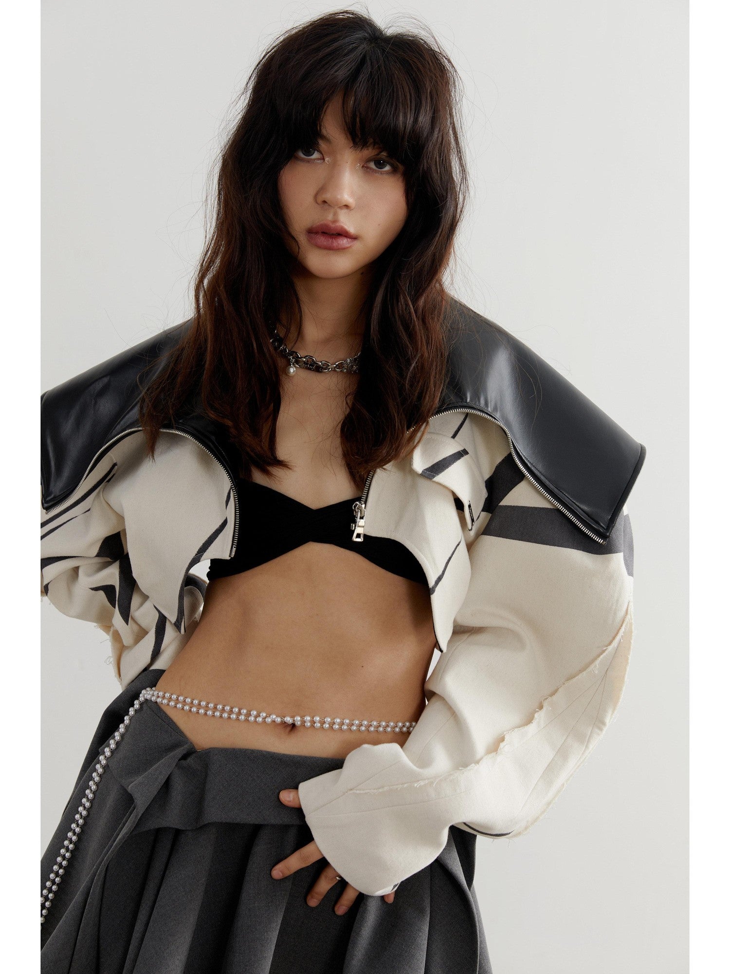 Jnylon studios Beige Contrast Patchwork Frayed Edge Lapel Women's Cropped Jackets