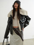 Jnylon studios Black 3d Pocket Contrast Fur High Collar Women's Pu Leather Leather Jackets