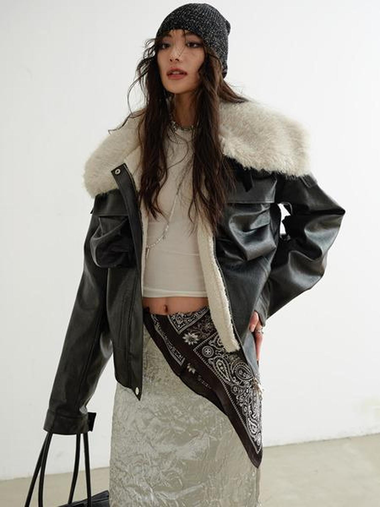 Jnylon studios Black 3d Pocket Contrast Fur High Collar Women's Pu Leather Leather Jackets