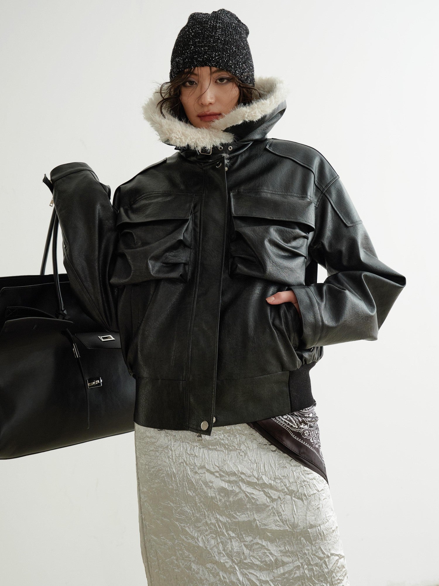 Jnylon studios Black 3d Pocket Contrast Fur High Collar Women's Pu Leather Leather Jackets