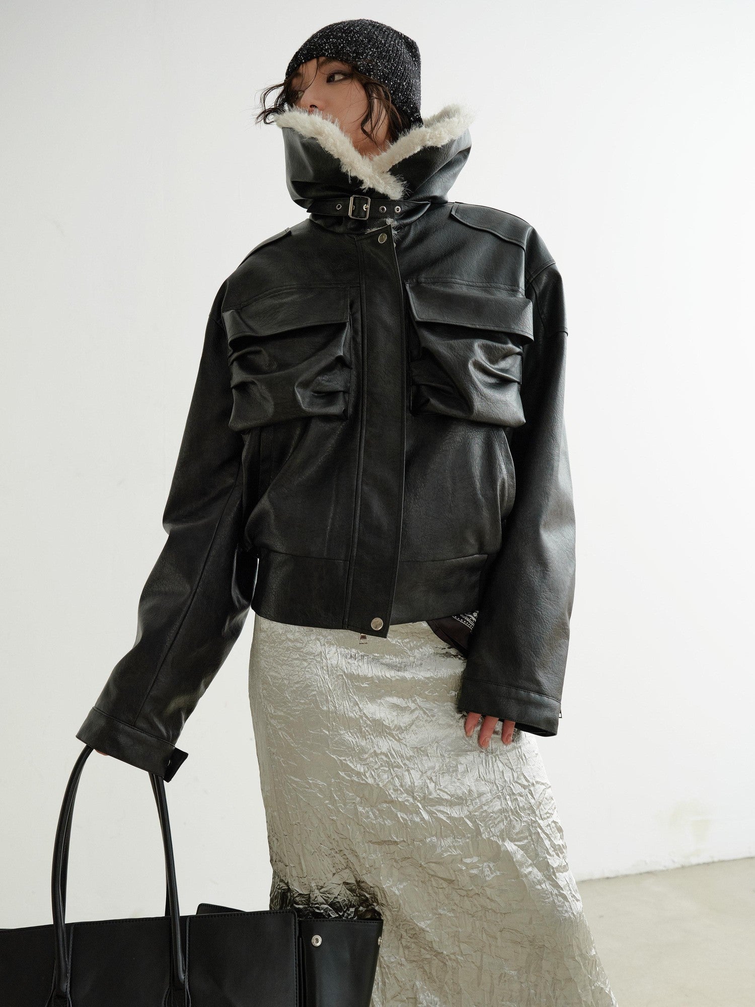 Jnylon studios Black 3d Pocket Contrast Fur High Collar Women's Pu Leather Leather Jackets