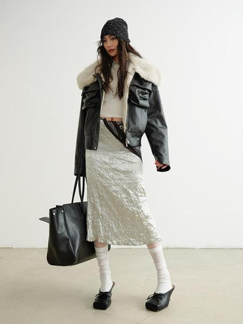Jnylon studios Black 3d Pocket Contrast Fur High Collar Women's Pu Leather Leather Jackets