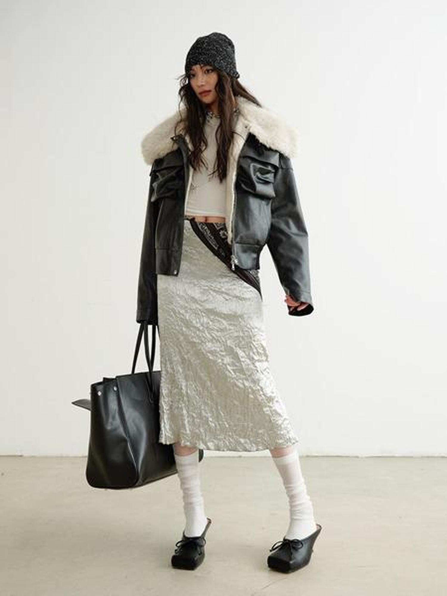 Jnylon studios Black 3d Pocket Contrast Fur High Collar Women's Pu Leather Leather Jackets