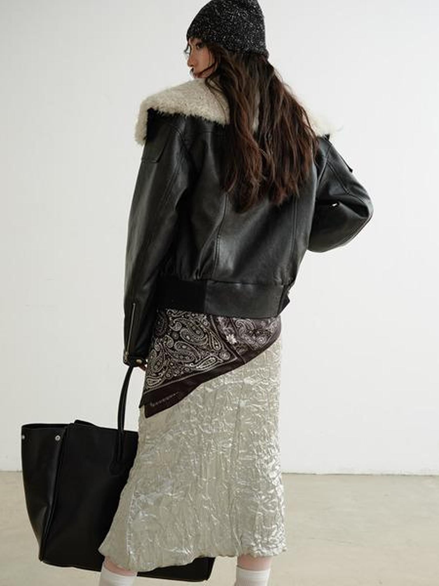 Jnylon studios Black 3d Pocket Contrast Fur High Collar Women's Pu Leather Leather Jackets