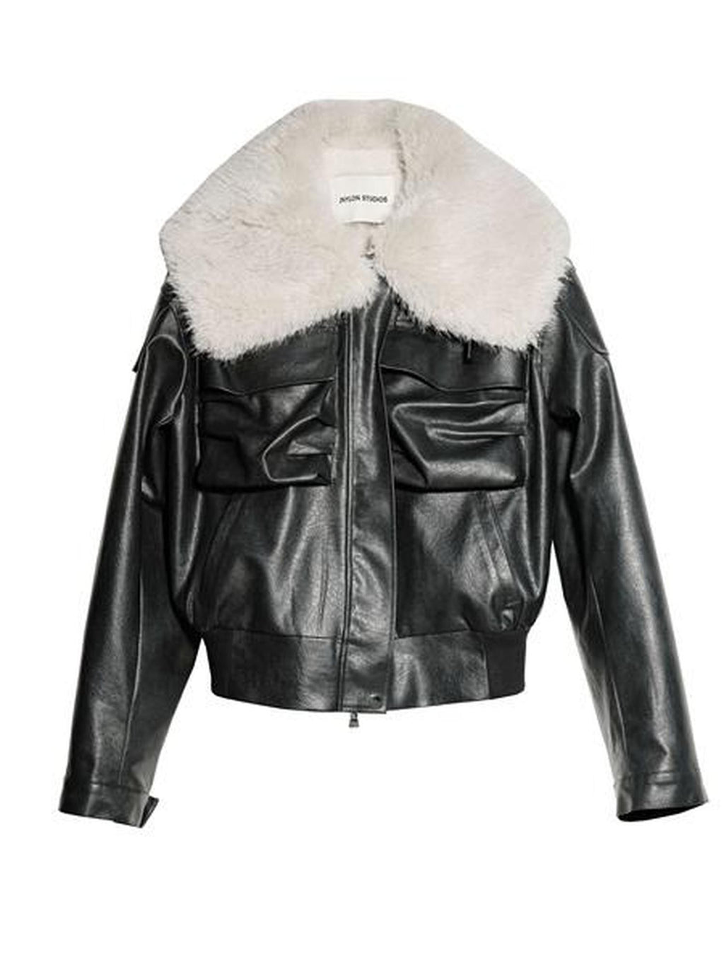 Jnylon studios Black 3d Pocket Contrast Fur High Collar Women's Pu Leather Leather Jackets