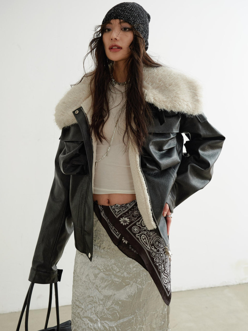 Jnylon studios Black 3d Pocket Contrast Fur High Collar Women's Pu Leather Leather Jackets