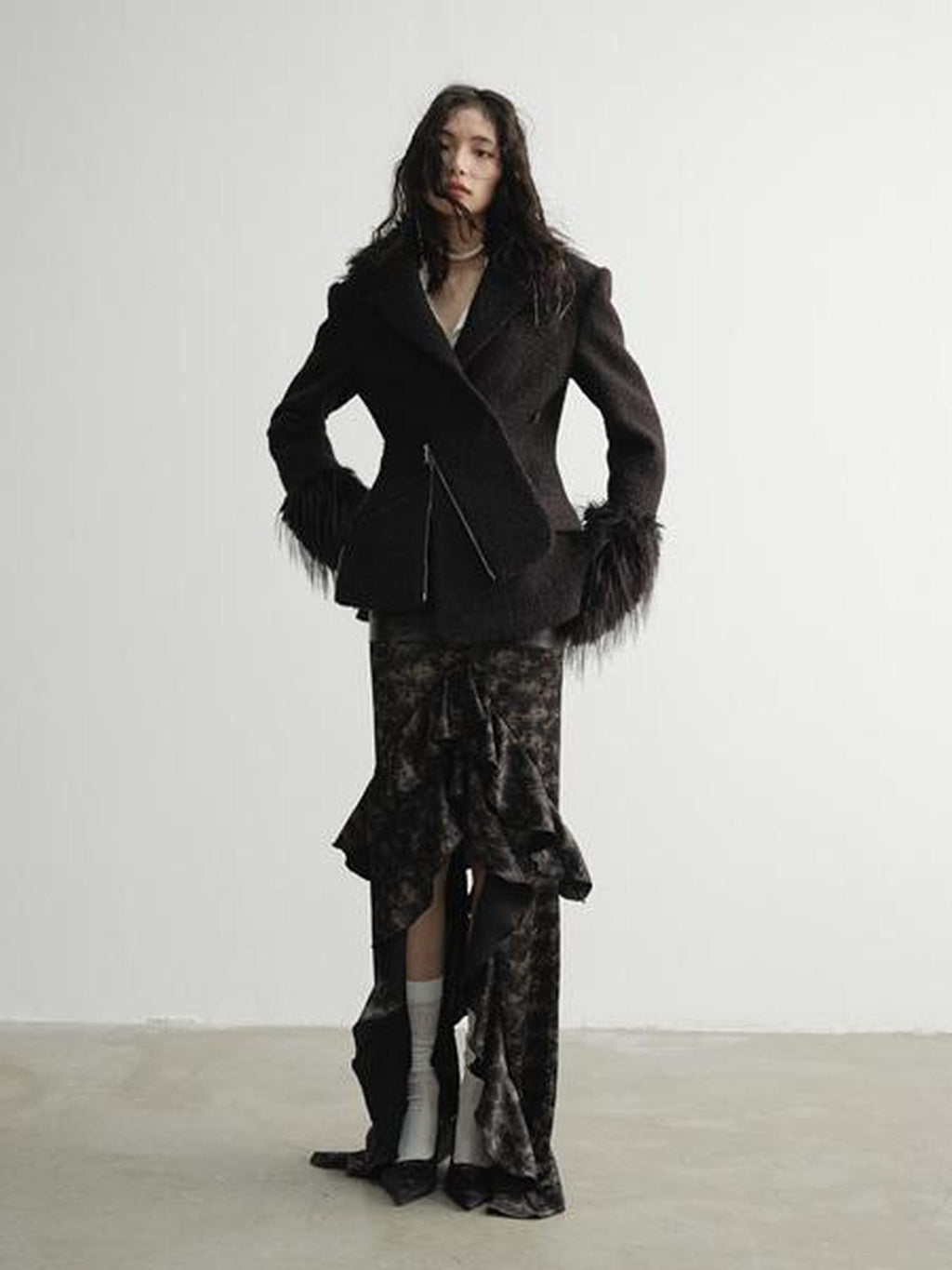 Jnylon studios Black Faux Fox Fur Patch Waist Cinch Slant Placket Women's Wool Casual Jackets