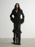 Jnylon studios Black Faux Fox Fur Patch Waist Cinch Slant Placket Women's Wool Casual Jackets