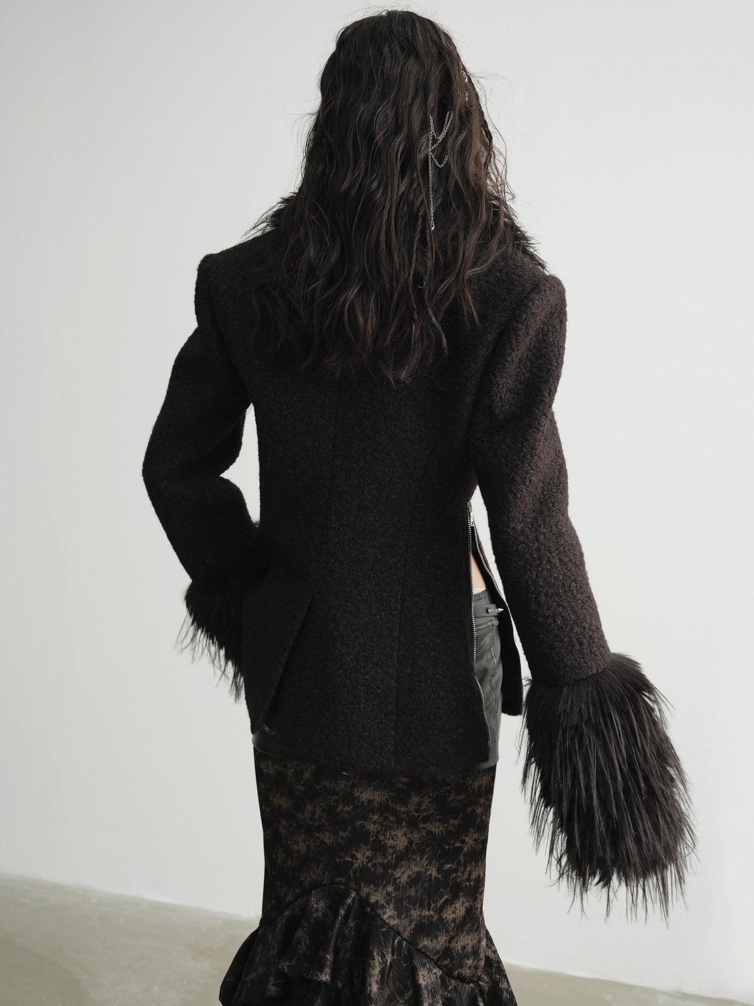 Jnylon studios Black Faux Fox Fur Patch Waist Cinch Slant Placket Women's Wool Casual Jackets