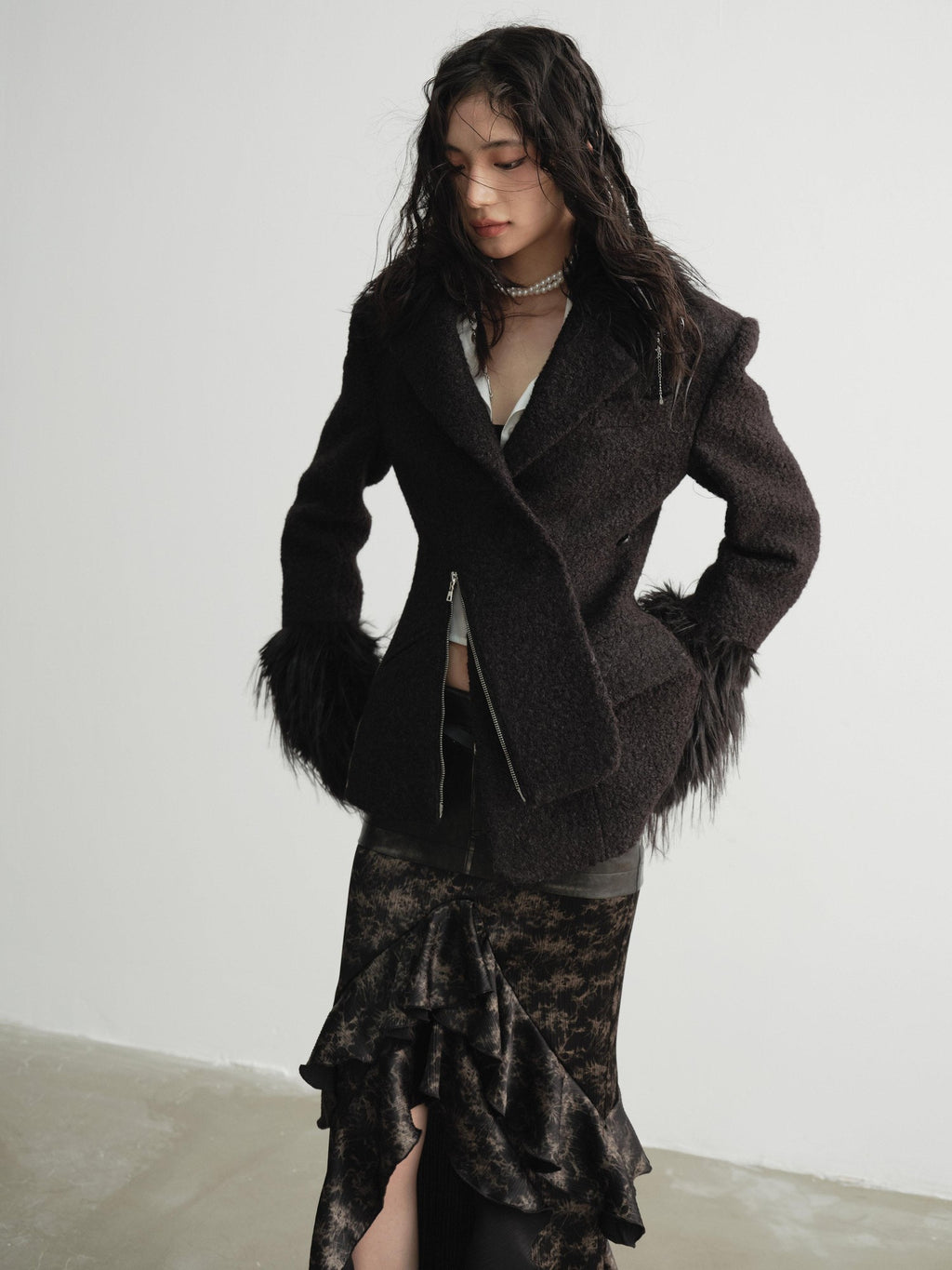 Jnylon studios Black Faux Fox Fur Patch Waist Cinch Slant Placket Women's Wool Casual Jackets