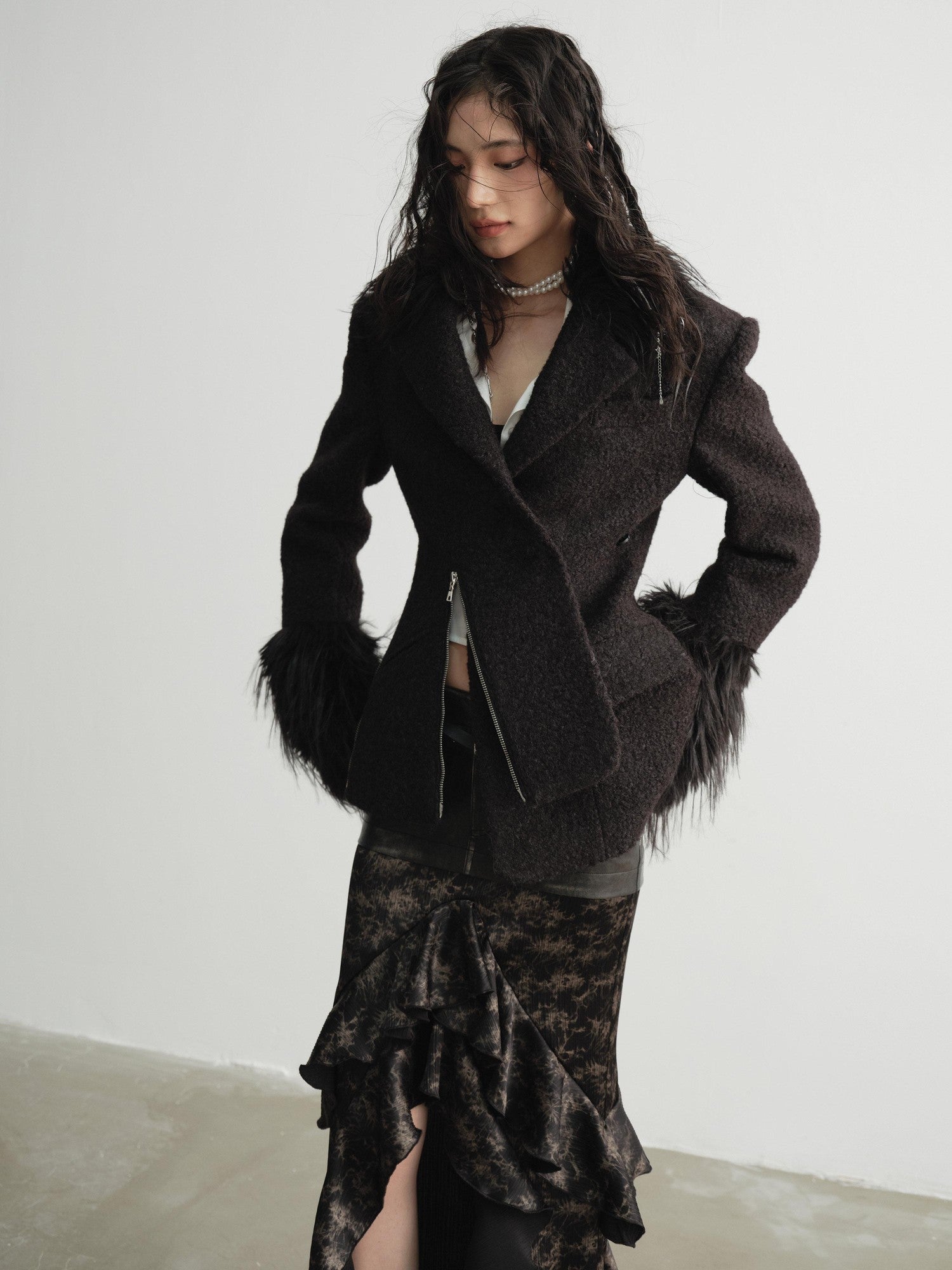 Jnylon studios Black Faux Fox Fur Patch Waist Cinch Slant Placket Women's Wool Casual Jackets