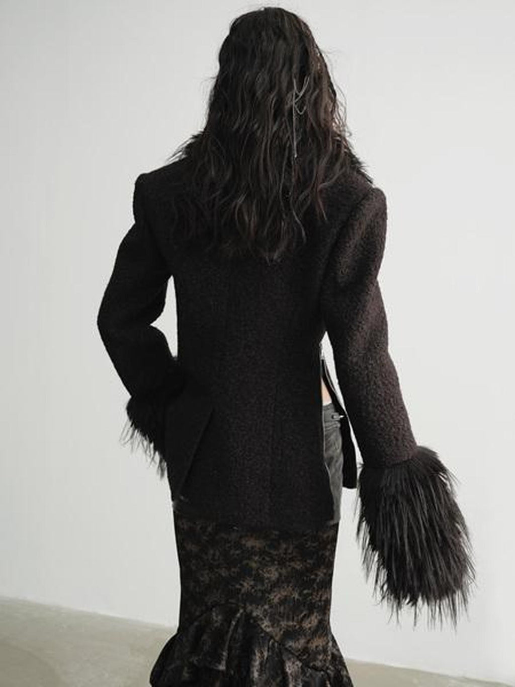 Jnylon studios Black Faux Fox Fur Patch Waist Cinch Slant Placket Women's Wool Casual Jackets