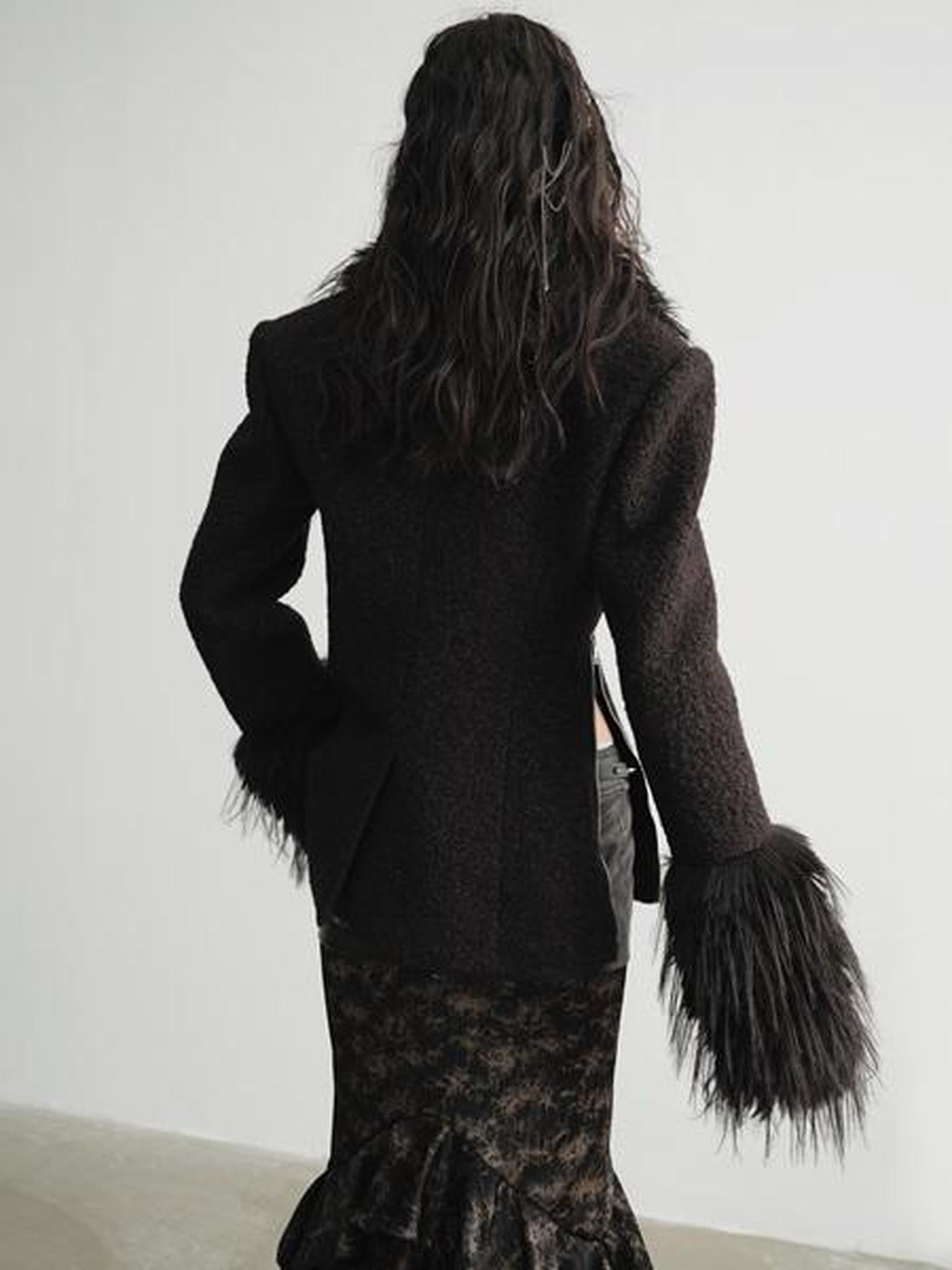 Jnylon studios Black Faux Fox Fur Patch Waist Cinch Slant Placket Women's Wool Casual Jackets