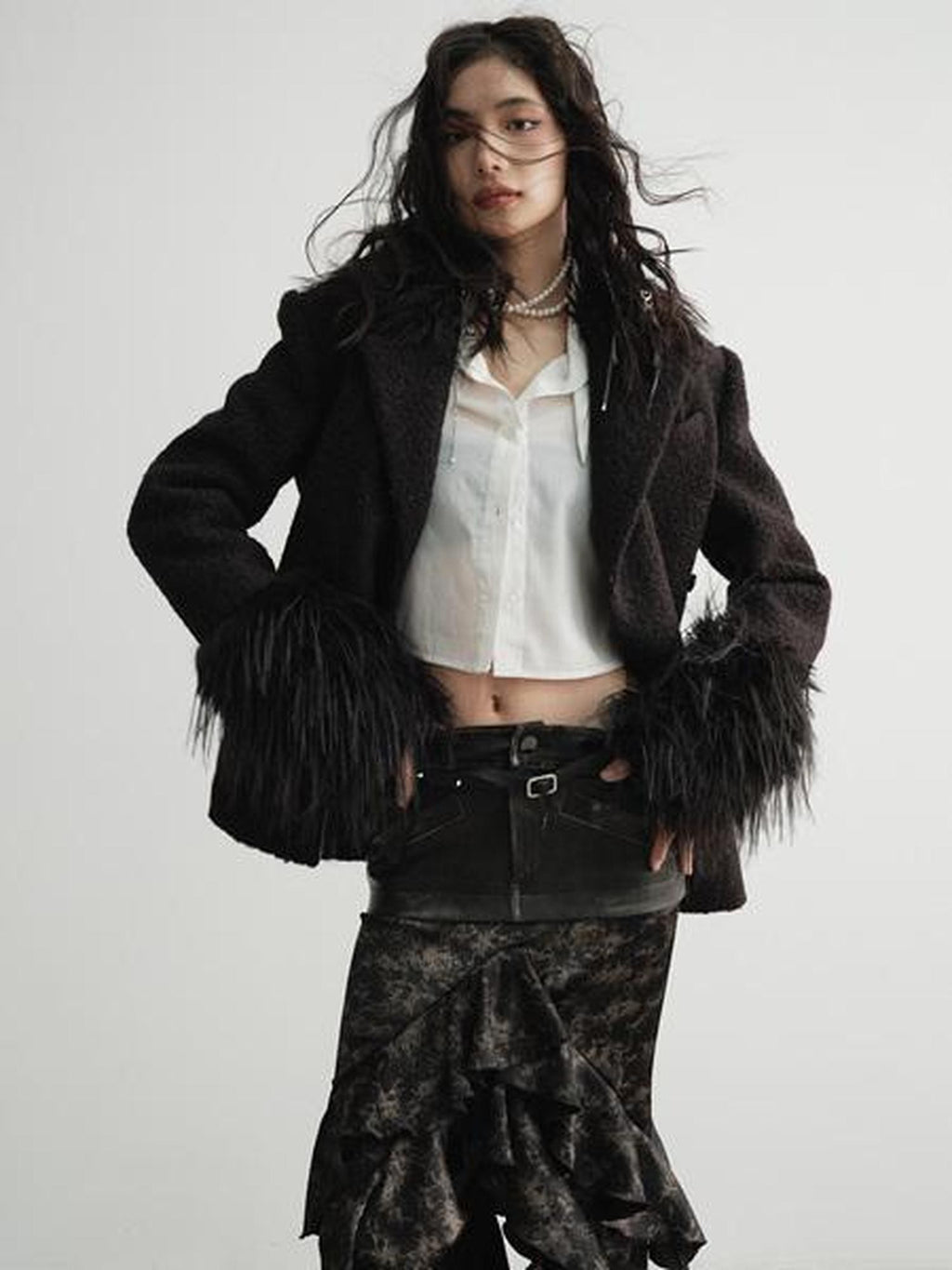 Jnylon studios Black Faux Fox Fur Patch Waist Cinch Slant Placket Women's Wool Casual Jackets