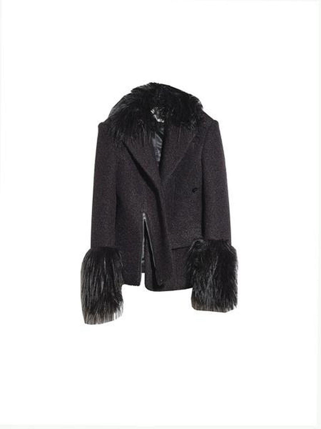 Jnylon studios Black Faux Fox Fur Patch Waist Cinch Slant Placket Women's Wool Casual Jackets
