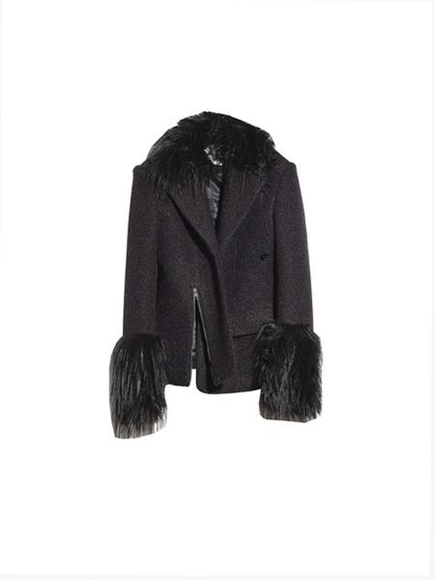 Jnylon studios Black Faux Fox Fur Patch Waist Cinch Slant Placket Women's Wool Casual Jackets