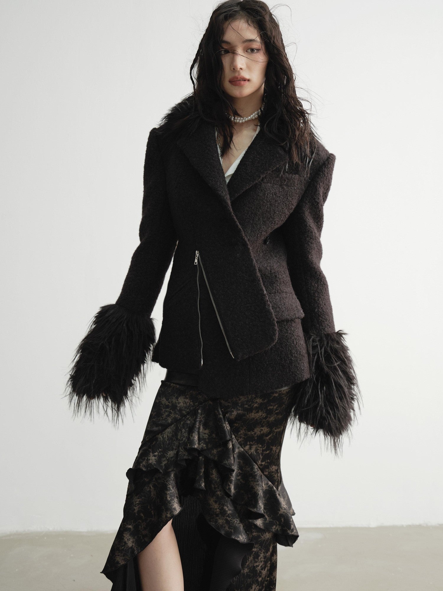 Jnylon studios Black Faux Fox Fur Patch Waist Cinch Slant Placket Women's Wool Casual Jackets