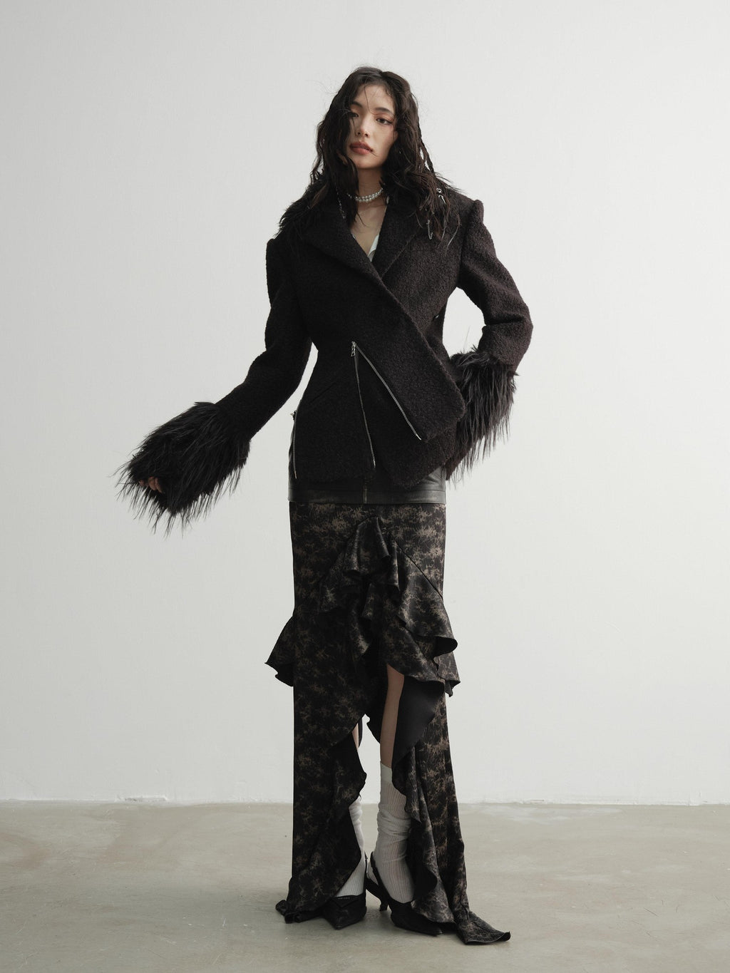 Jnylon studios Black Faux Fox Fur Patch Waist Cinch Slant Placket Women's Wool Casual Jackets