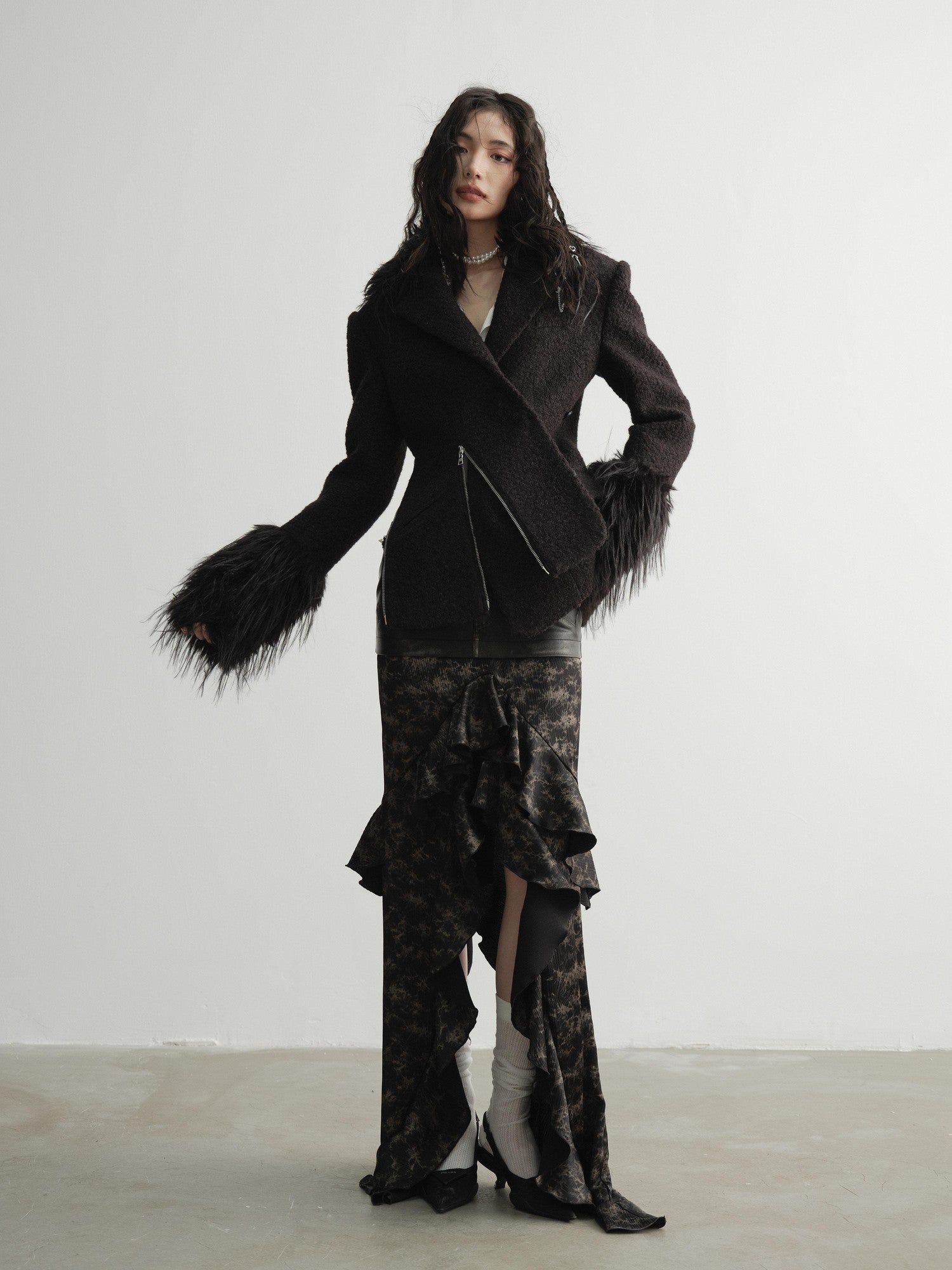 Jnylon studios Black Faux Fox Fur Patch Waist Cinch Slant Placket Women's Wool Casual Jackets