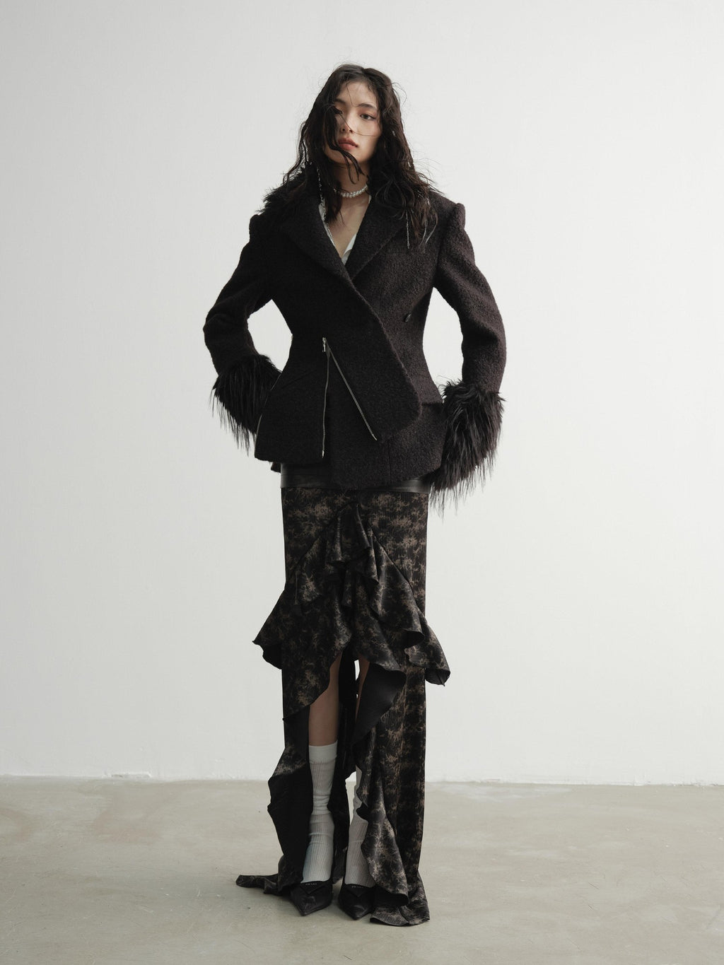 Jnylon studios Black Faux Fox Fur Patch Waist Cinch Slant Placket Women's Wool Casual Jackets