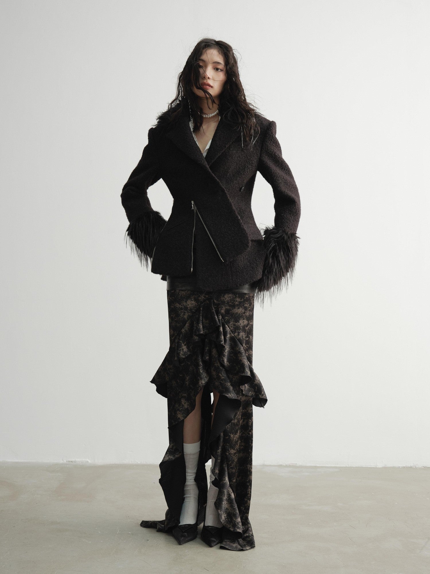 Jnylon studios Black Faux Fox Fur Patch Waist Cinch Slant Placket Women's Wool Casual Jackets