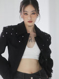 Jnylon studios Black Punk Distressed Rhinestone Tassel Beaded Buttons Women's Cropped Jackets