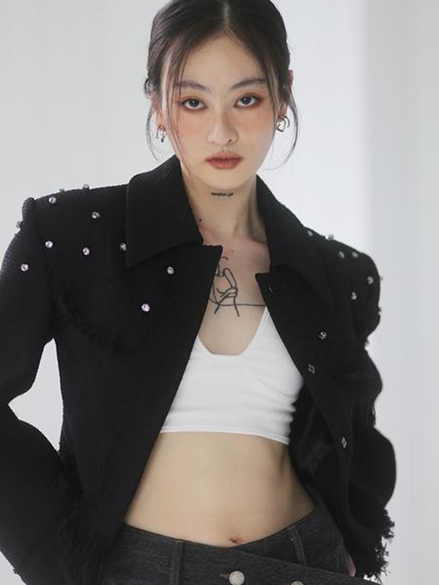 Jnylon studios Black Punk Distressed Rhinestone Tassel Beaded Buttons Women's Cropped Jackets