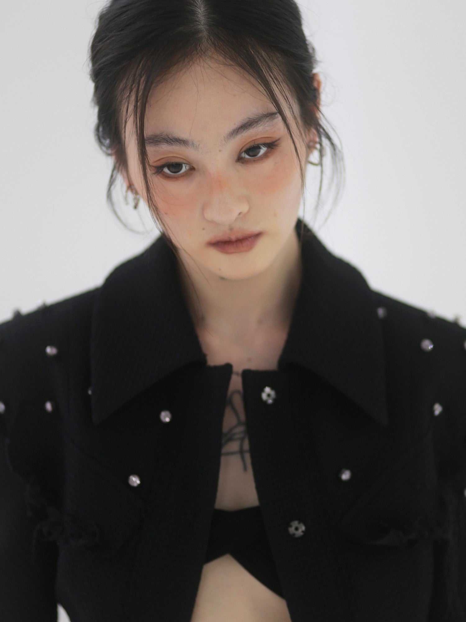 Jnylon studios Black Punk Distressed Rhinestone Tassel Beaded Buttons Women's Cropped Jackets