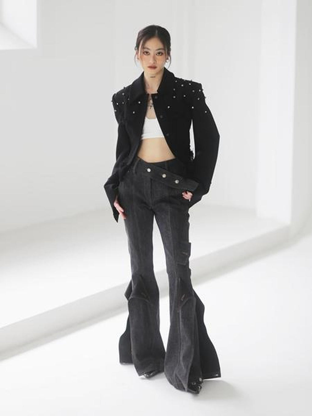 Jnylon studios Black Punk Distressed Rhinestone Tassel Beaded Buttons Women's Cropped Jackets