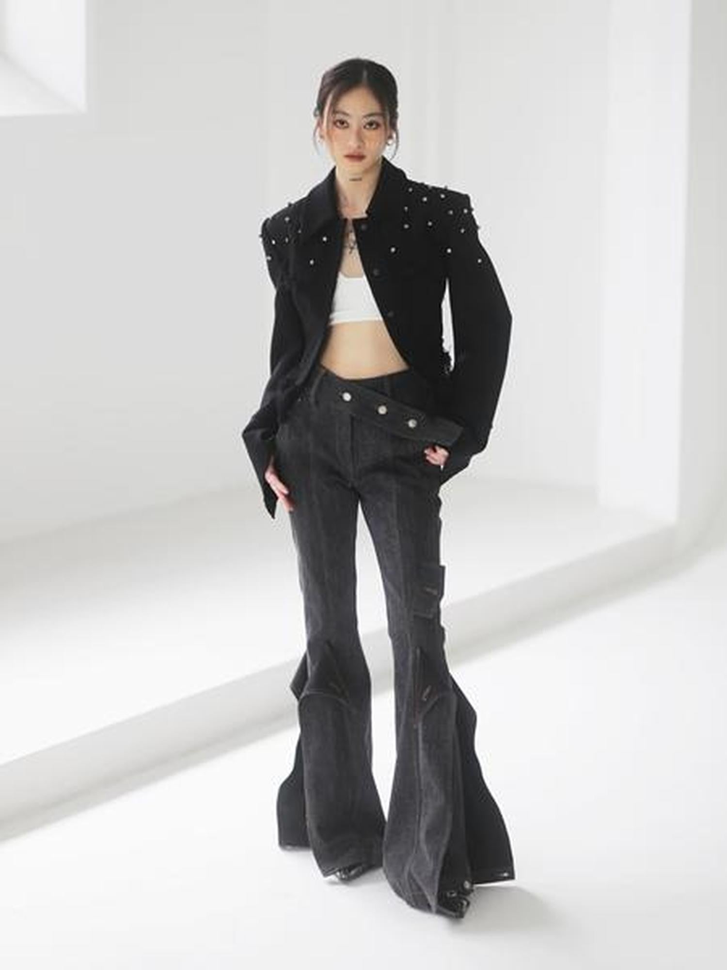Jnylon studios Black Punk Distressed Rhinestone Tassel Beaded Buttons Women's Cropped Jackets